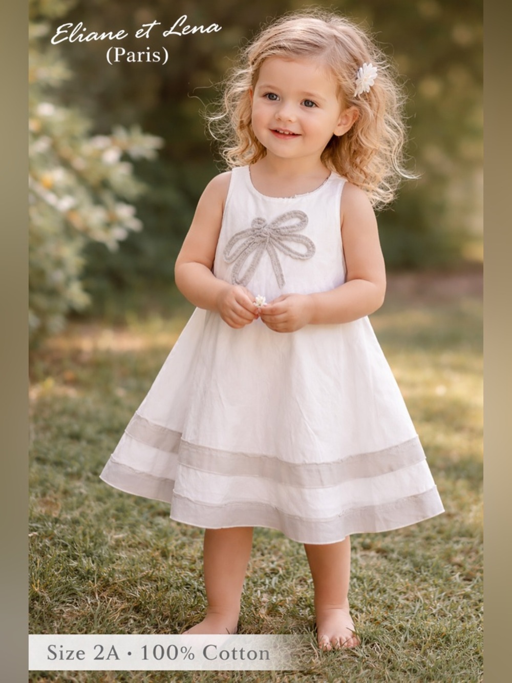 Eliane et Lena Paris Baby Girl Dress White Bow Cotton 2A Flowy‎ Cute